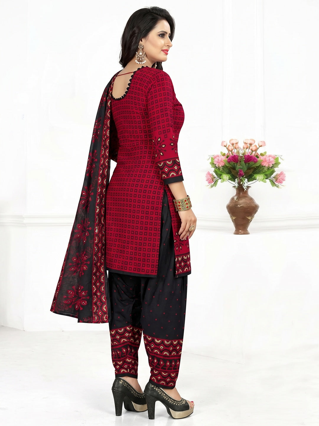 Red Casual Wear Printed Leon Patiala Dress Material - Image 1