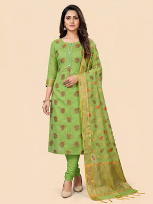 Green Festive Wear Woven Work Banarasi Jacquard Dress Material - Image 1