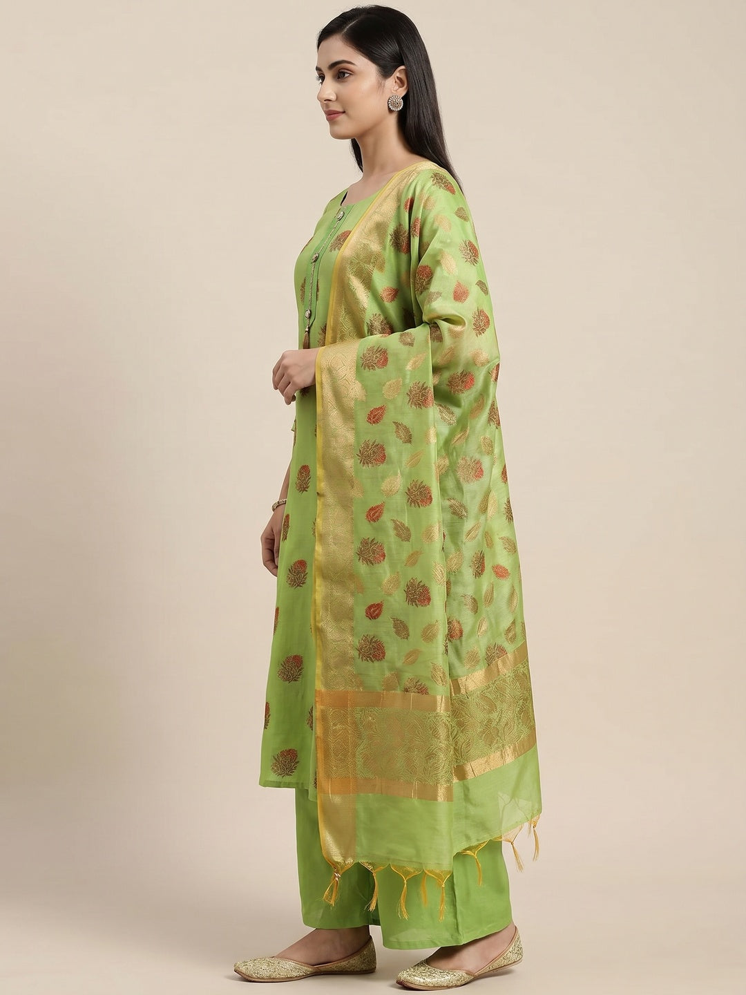 Green Festive Wear Woven Work Banarasi Jacquard Dress Material - Image 3