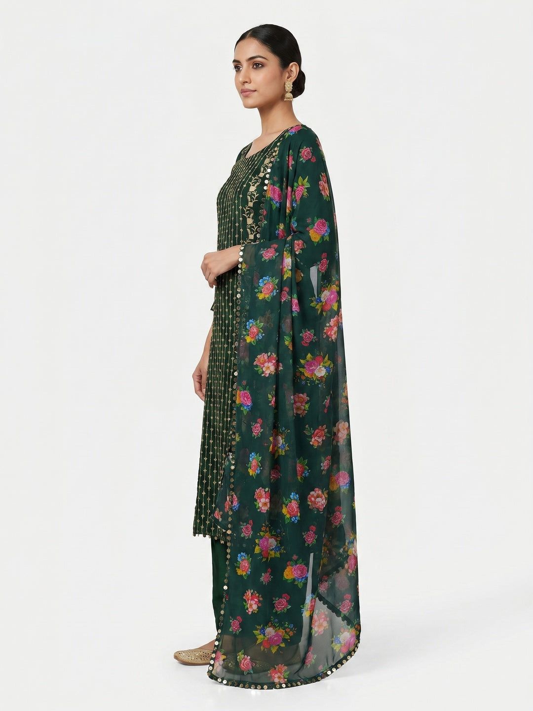Green Casual Wear Embroidered Georgette Dress Material - Image 3