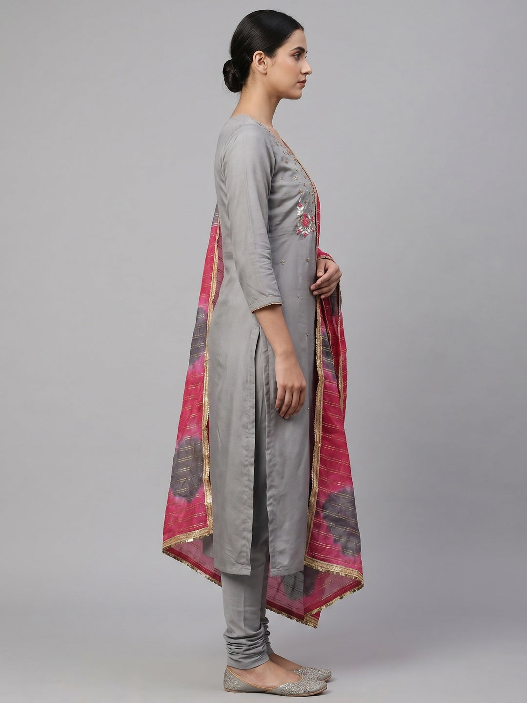 Grey Festive Wear Floral Handwork Modal Chanderi Dress Material - Image 2