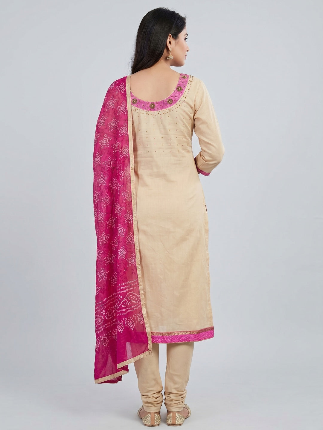 Beige Festive Wear Embroidered Cotton Dress Material - Image 2