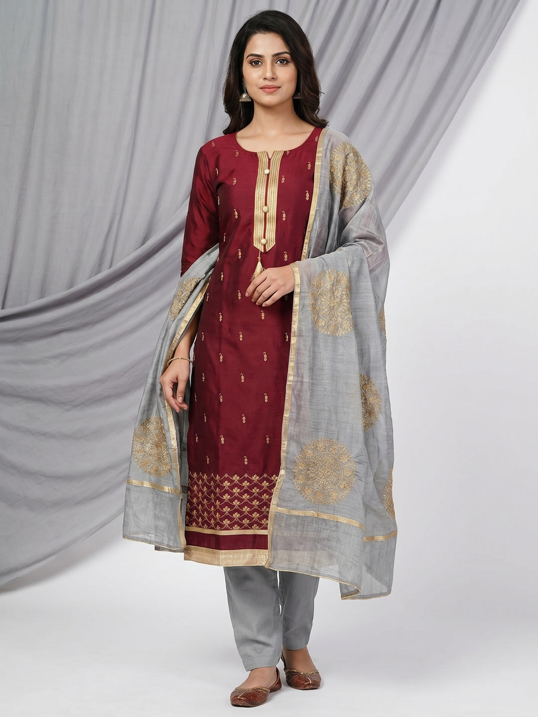 Maroon Festive Wear Embroidered Cotton Dress Material - Image 1