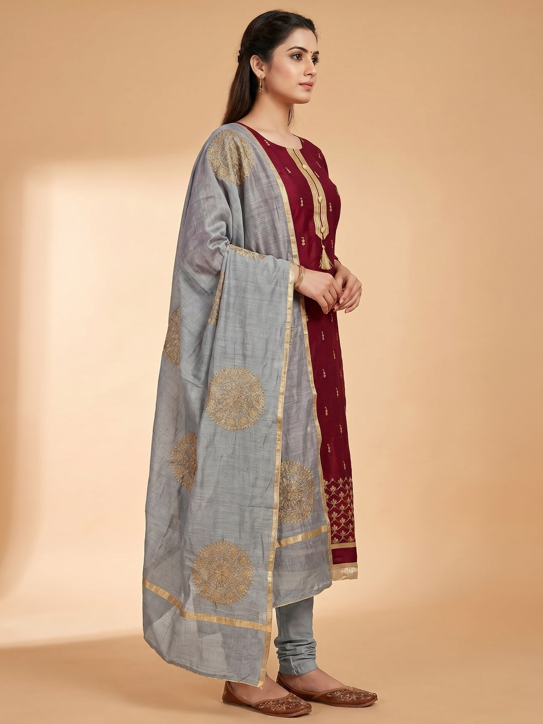 Maroon Festive Wear Embroidered Cotton Dress Material - Image 3
