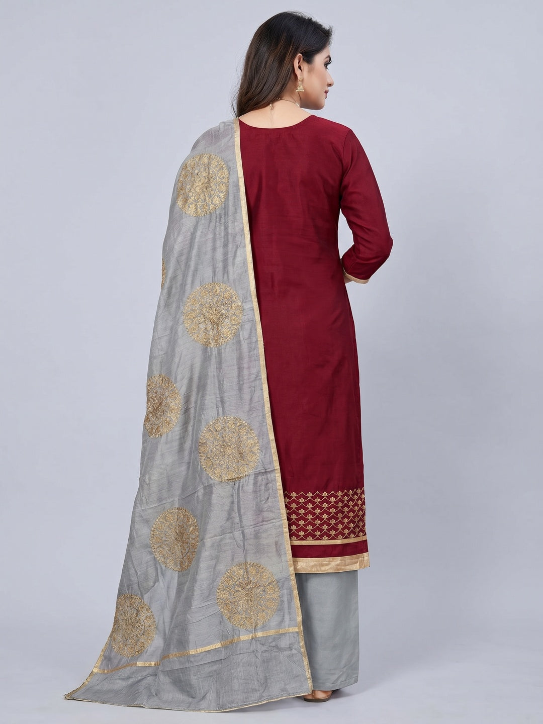 Maroon Festive Wear Embroidered Cotton Dress Material - Image 2