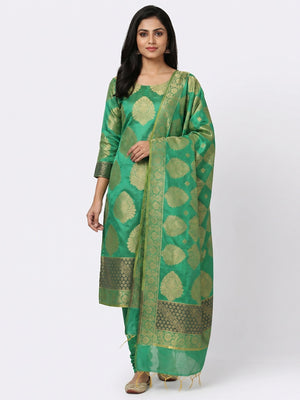 Green Festive Wear Woven Jacquard Banarasi Silk Dress Material - Image 1