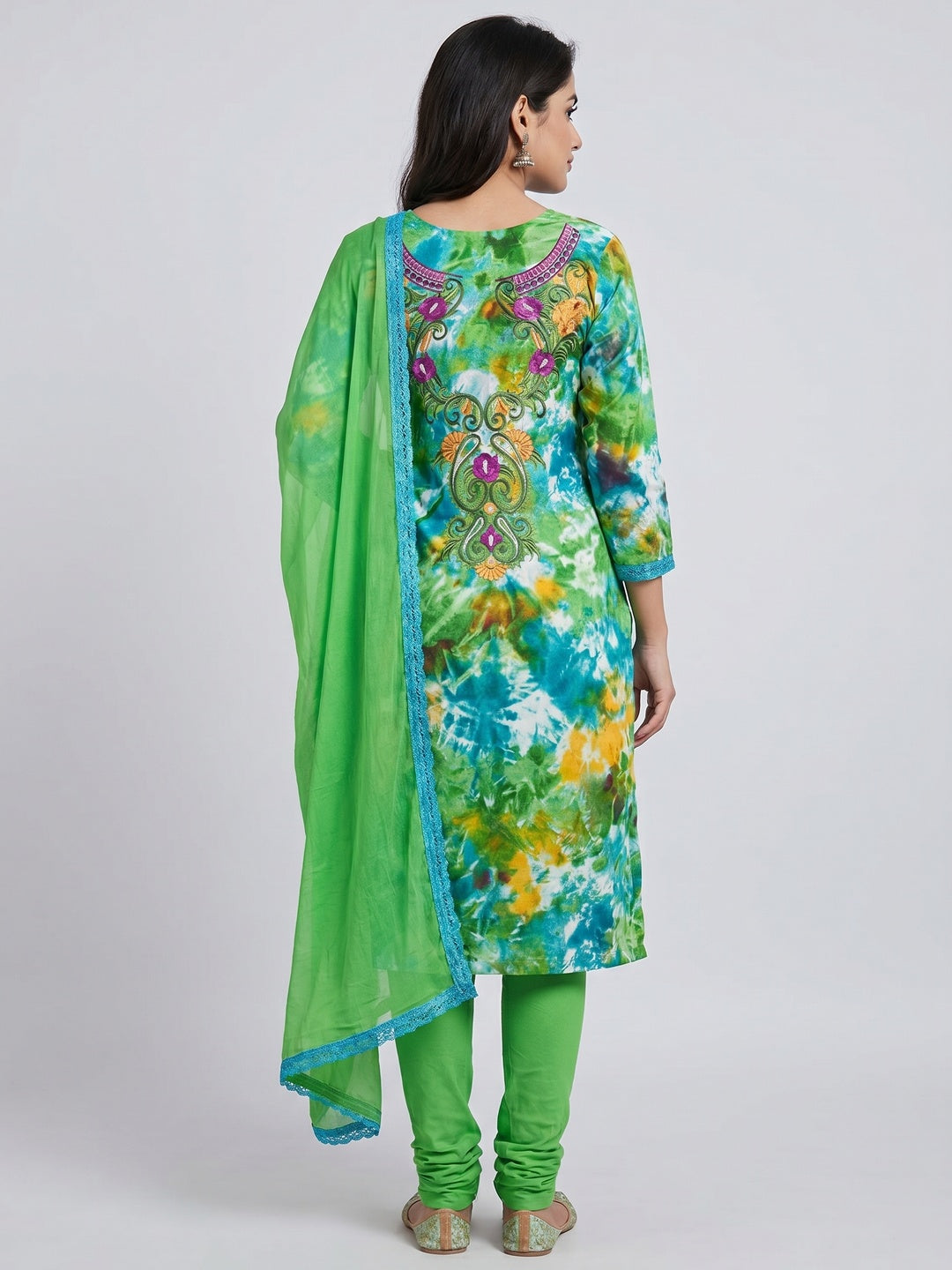 Green Casual Wear Embroidered Cotton Dress Material - Image 2