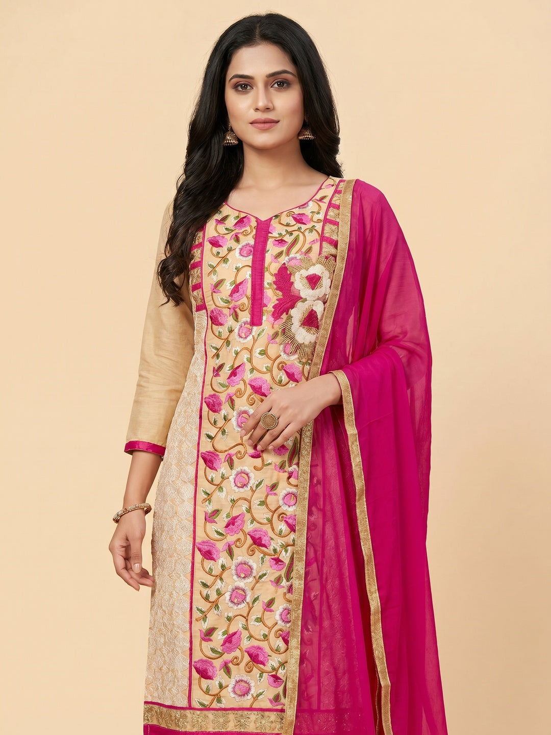 Beige Casual Wear Floral Embroidered Work Cotton Dress Material - Image 1