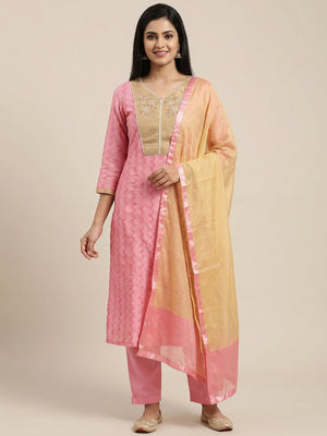 Peach Casual Wear Floral Embroidered Work Cotton Dress Material - Image 1