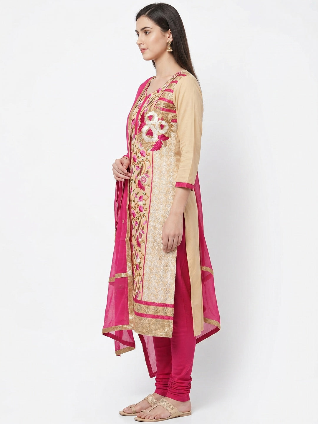 Beige Casual Wear Floral Embroidered Work Cotton Dress Material - Image 2