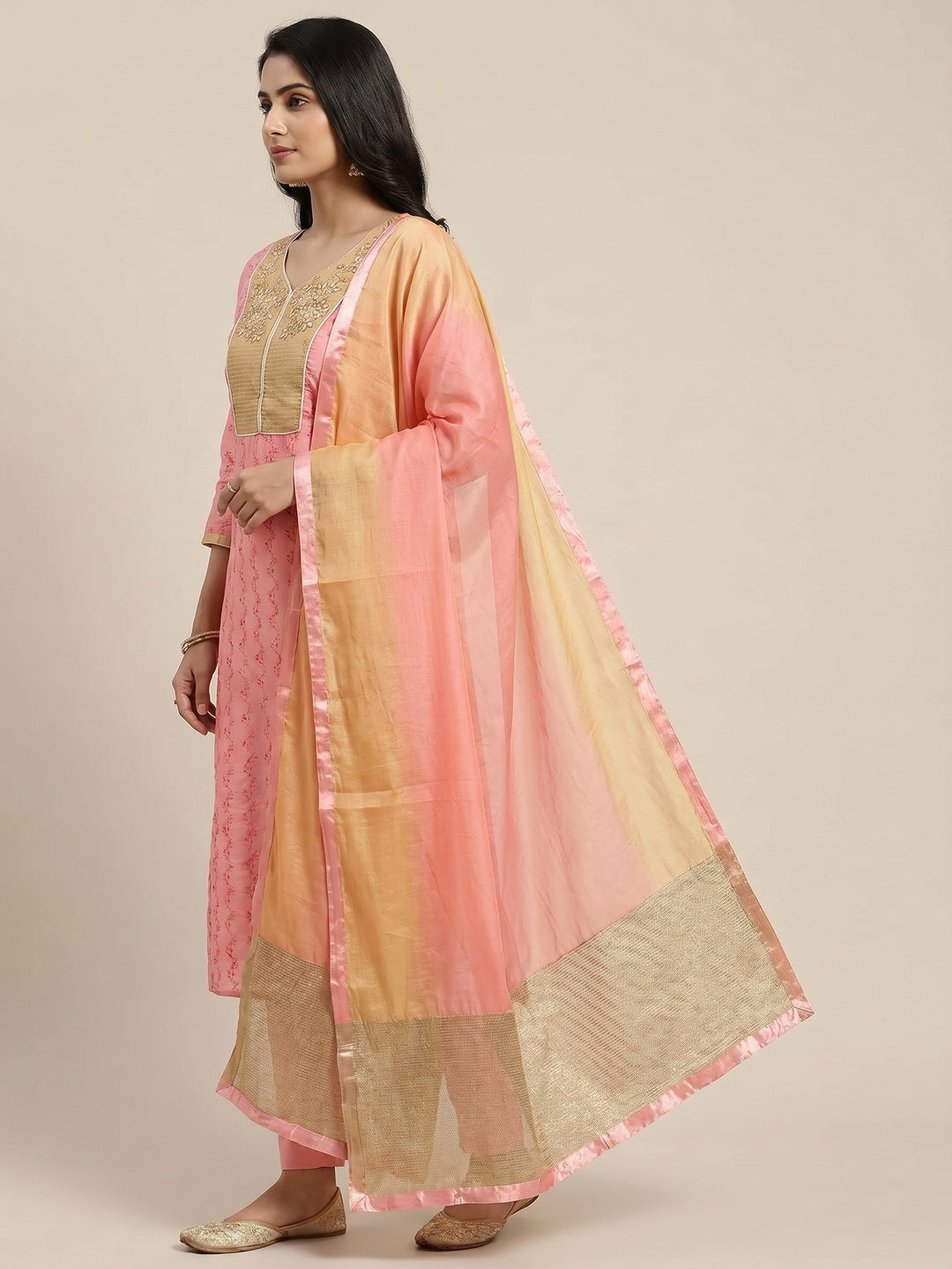 Peach Casual Wear Floral Embroidered Work Cotton Dress Material - Image 2
