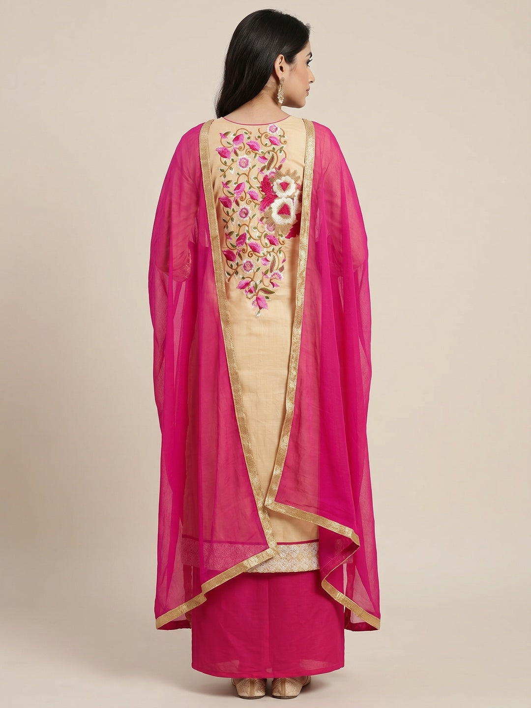 Beige Casual Wear Floral Embroidered Work Cotton Dress Material - Image 3