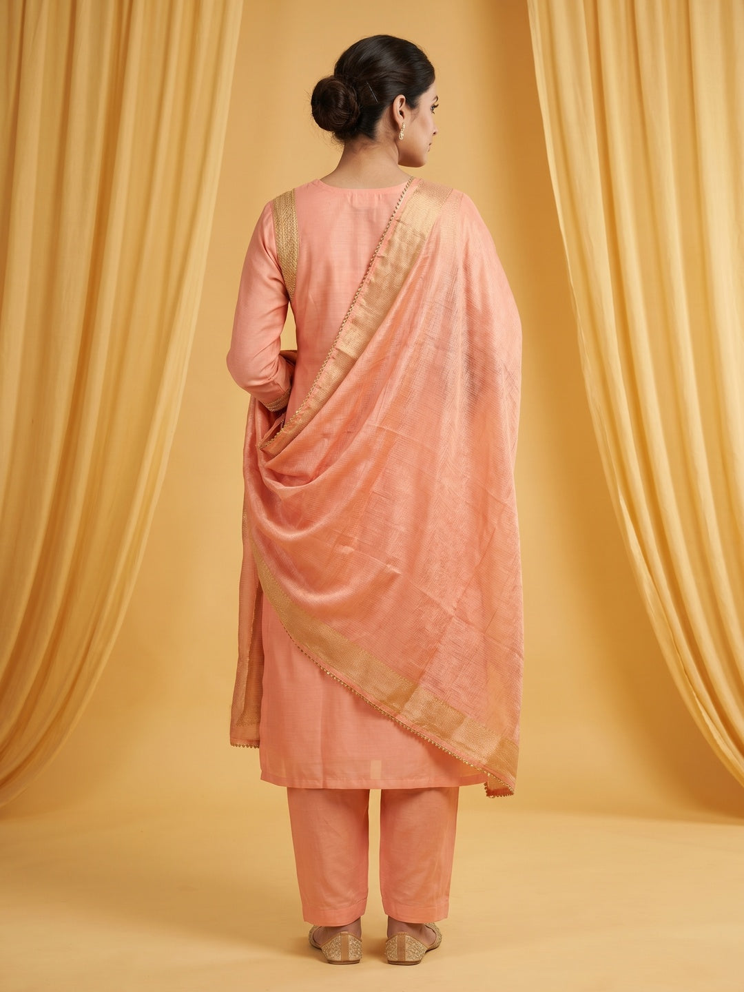 Peach Casual Wear Floral Embroidered Work Cotton Dress Material - Image 3