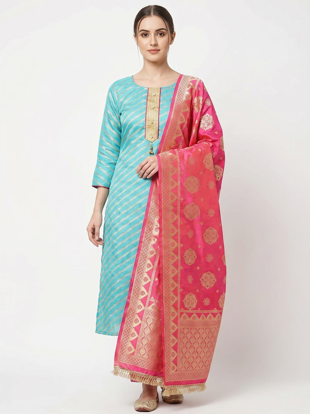 Sky Blue Festive Wear Lehriya Designer Woven Banarasi Silk Dress Material - Image 1