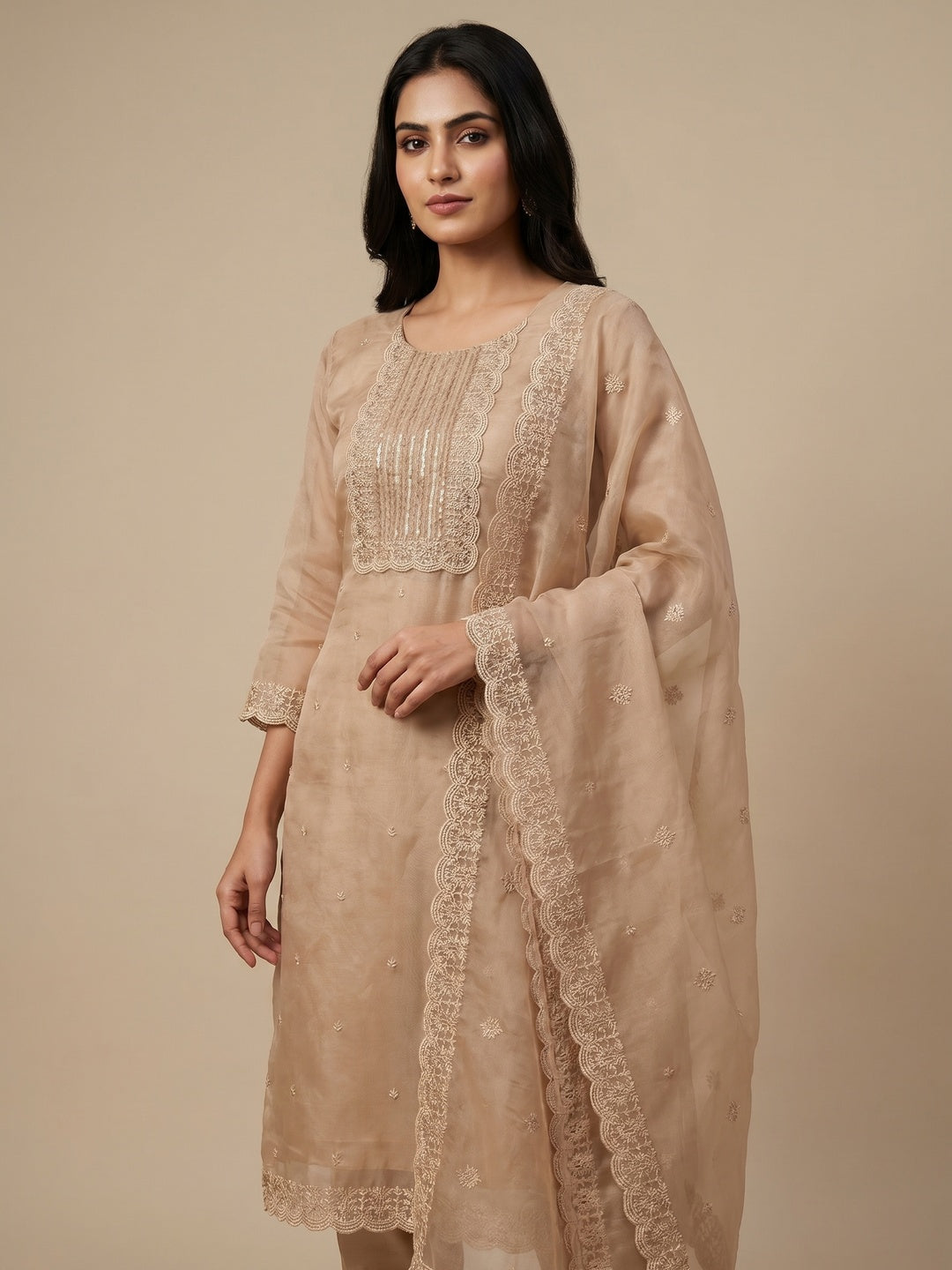 Beige Embroidered Organza Dress Material - Image 1