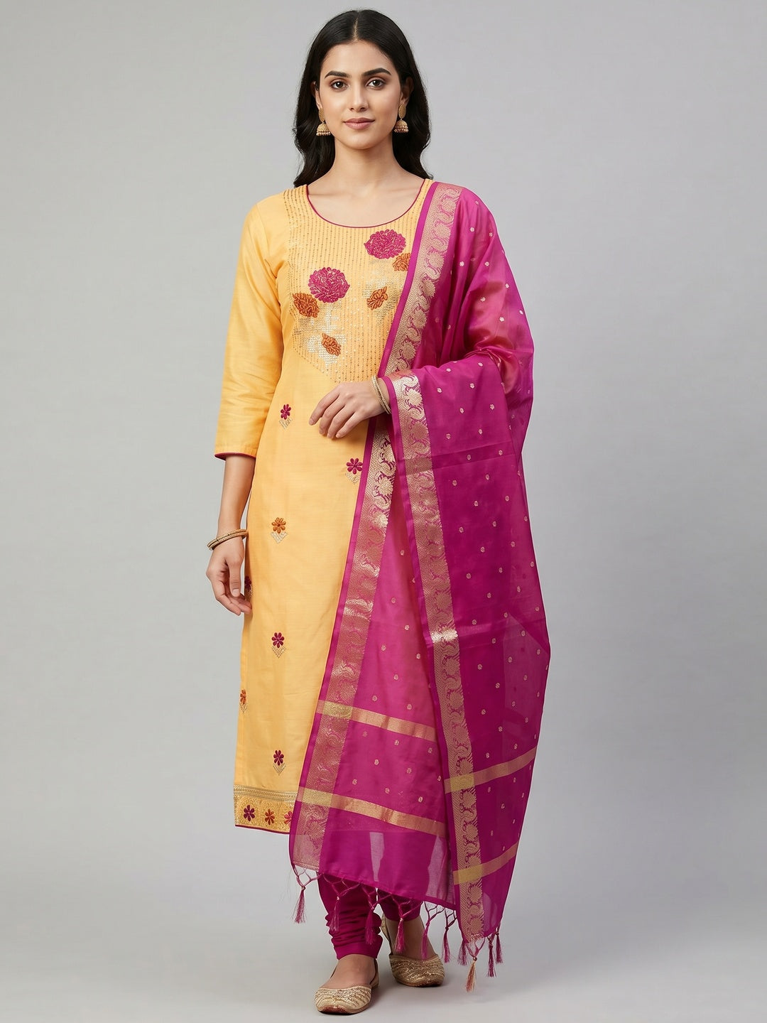 Yellow Festive Wear Floral Embroidered Cotton Dress Material - Image 1