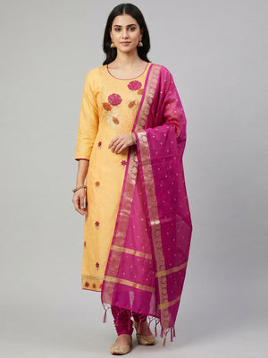 Yellow Festive Wear Floral Embroidered Cotton Dress Material - Image 1