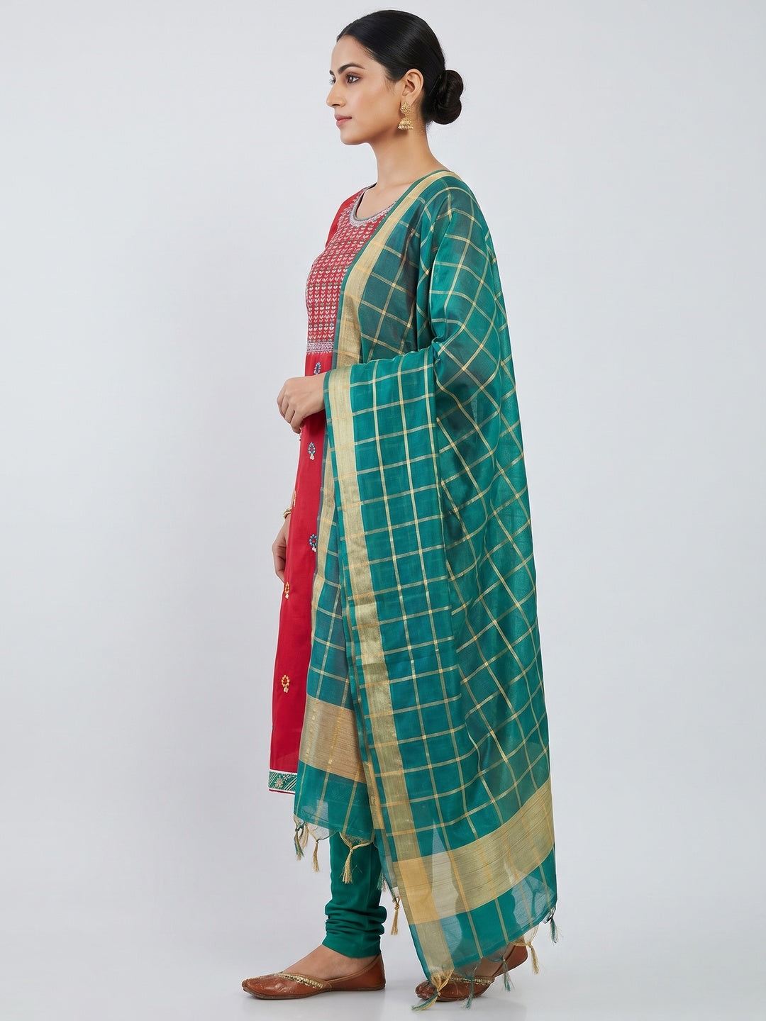 Red Festive Wear Floral Embroidered Cotton Dress Material - Image 2