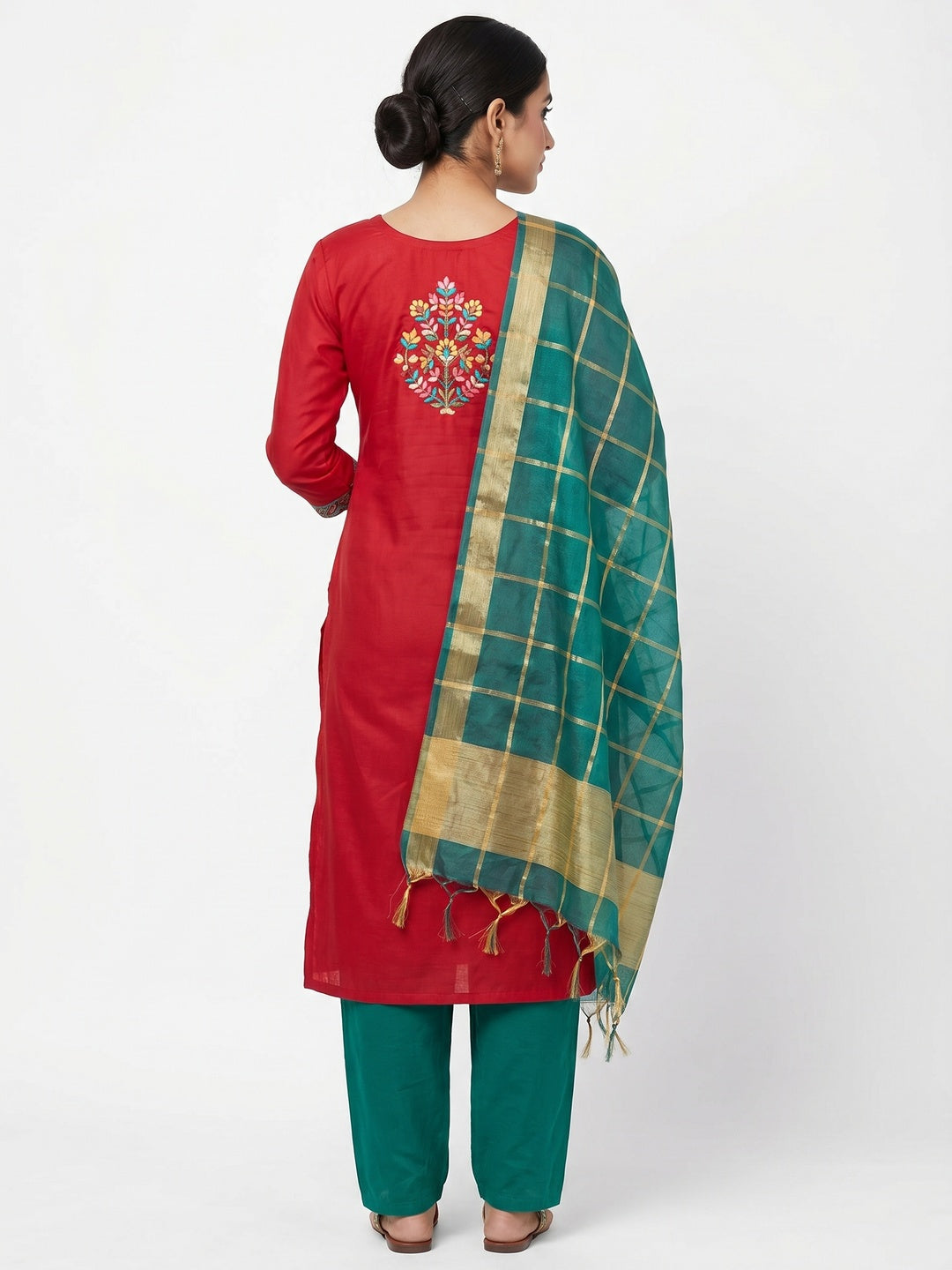Red Festive Wear Floral Embroidered Cotton Dress Material - Image 3