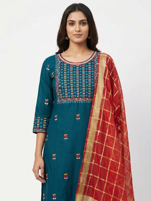 More Peach Festive Wear Floral Embroidered Cotton Dress Material - Image 1