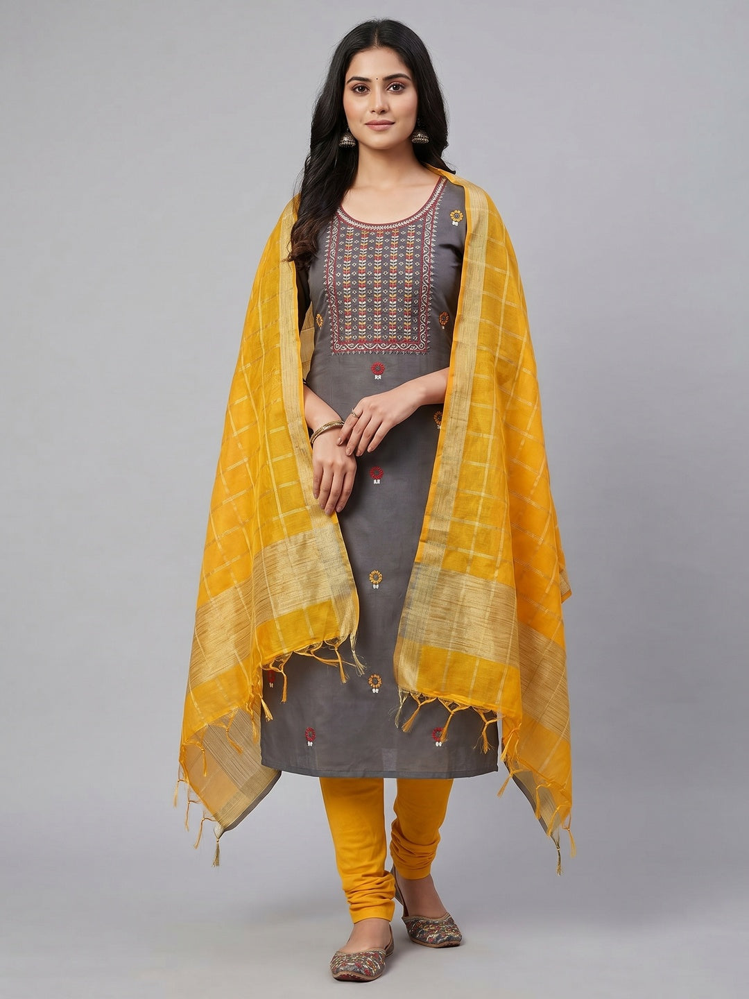 Grey Festive Wear Floral Embroidered Cotton Dress Material - Image 1