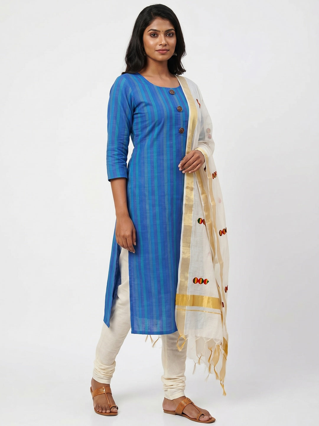 Blue Stripes Printed Pure Cotton Dress Material - Image 1