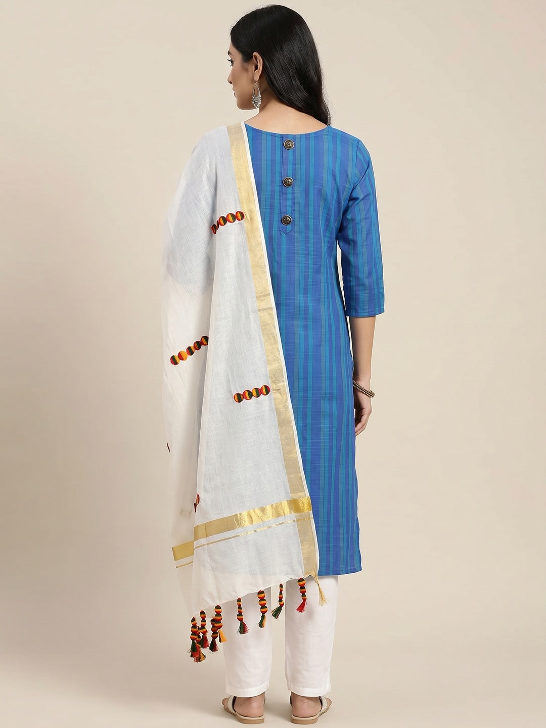 Blue Stripes Printed Pure Cotton Dress Material - Image 2
