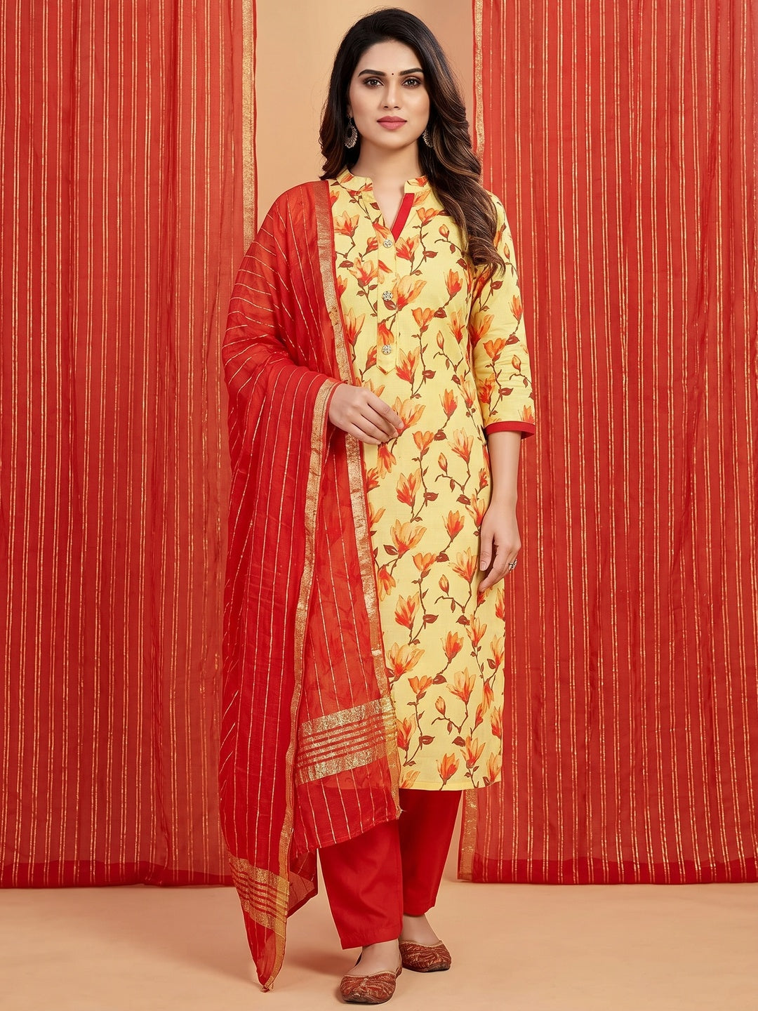 Yellow Casual Wear printed Cotton Dress Material - Image 1