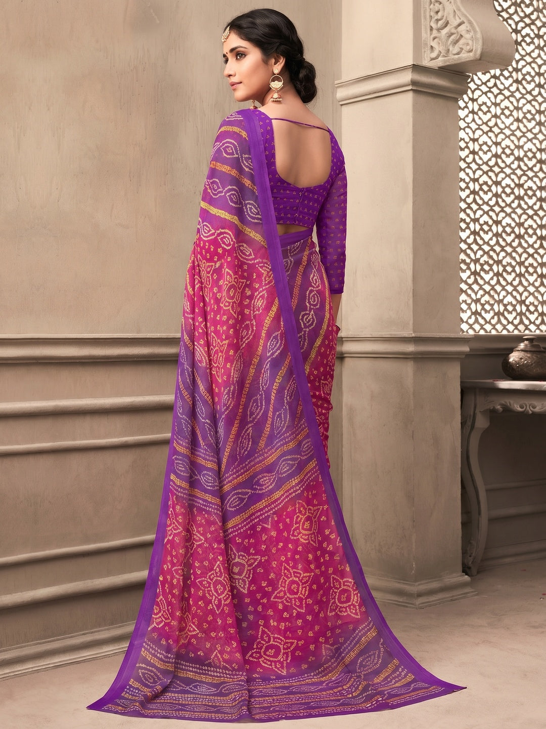 Pink Casual Wear Printed Chiffon Saree - Image 1