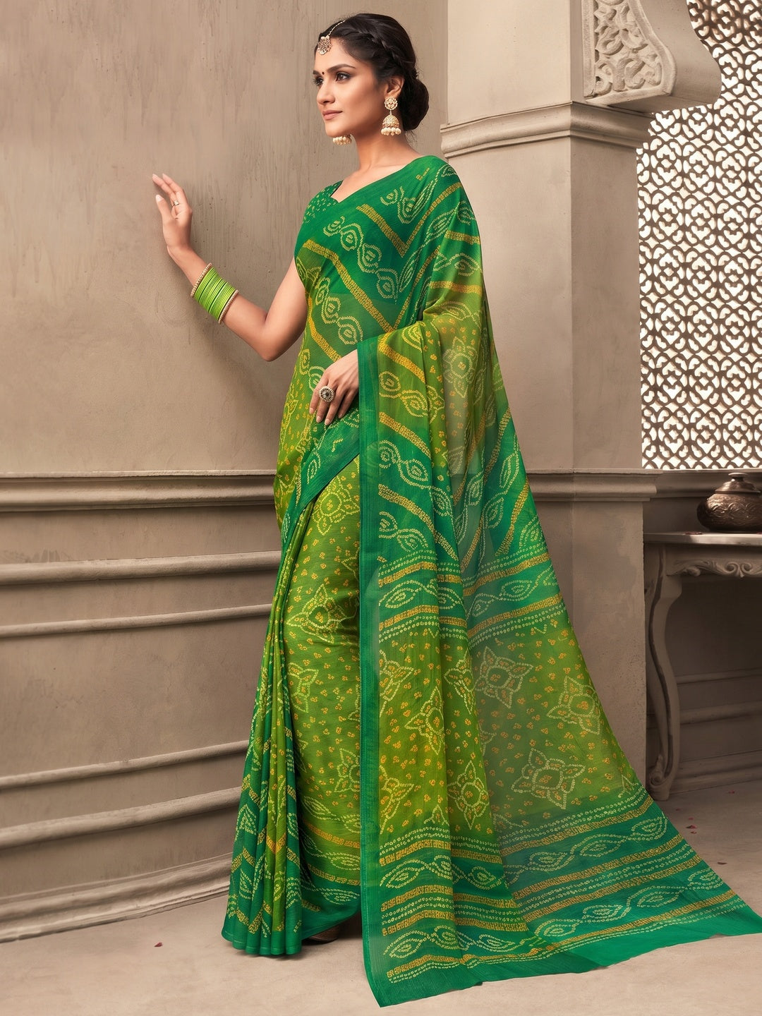 Green Casual Wear Printed Chiffon Saree - Image 1