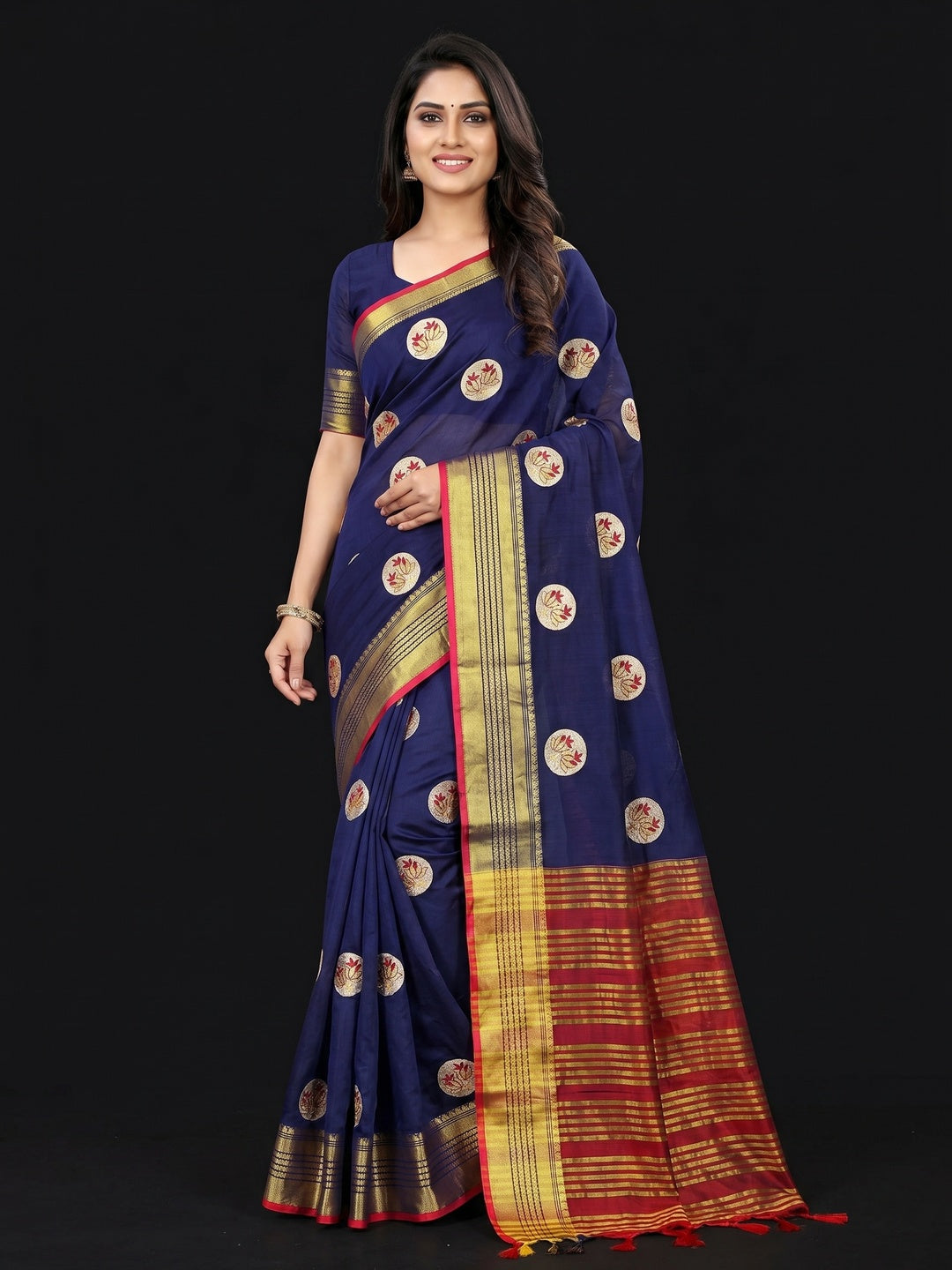 Navy Blue Casual Wear Woven Chanderi Silk Saree - Image 1