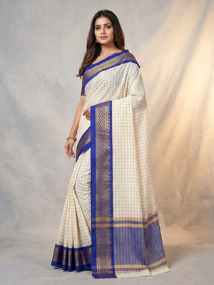 White & Royal Blue Checks With Woven Border Cotton Silk Saree - Image 1