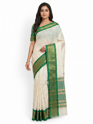 White & Green Festive Wear Checks With Woven Border Cotton Silk Saree - Image 1