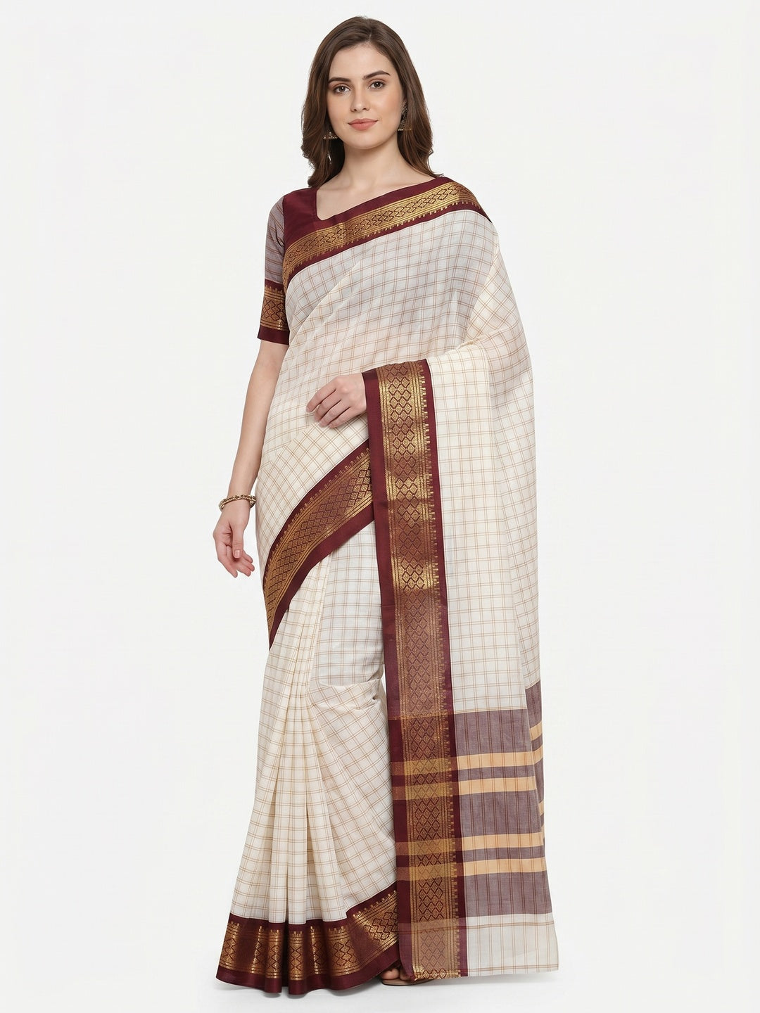 White And Maroon Checks With Woven Border Cotton Silk Saree - Image 3
