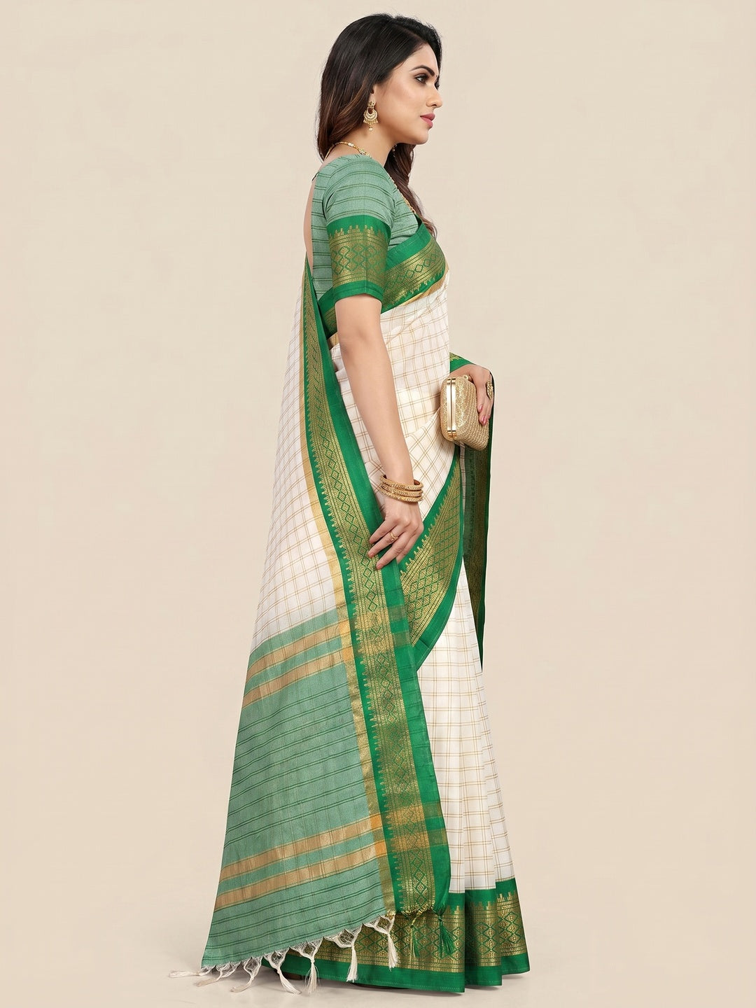 White & Green Festive Wear Checks With Woven Border Cotton Silk Saree - Image 2