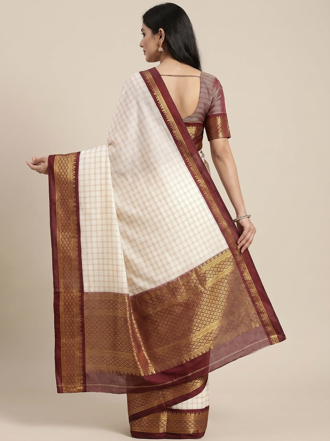 White And Maroon Checks With Woven Border Cotton Silk Saree - Image 2