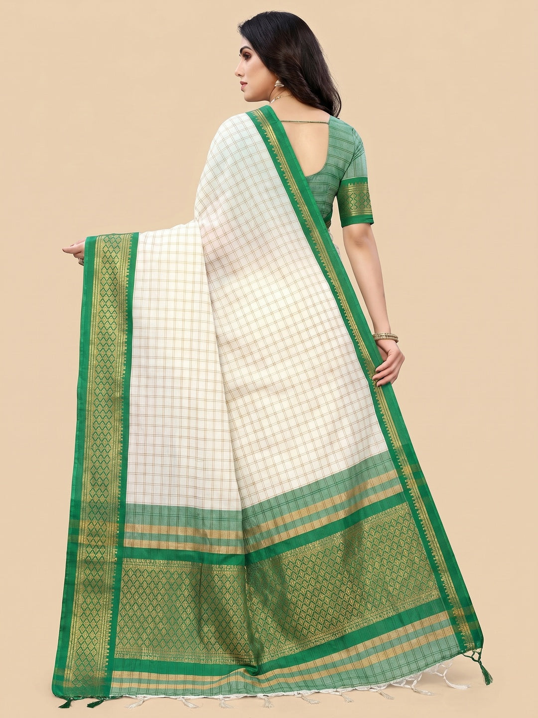 White & Green Festive Wear Checks With Woven Border Cotton Silk Saree - Image 3