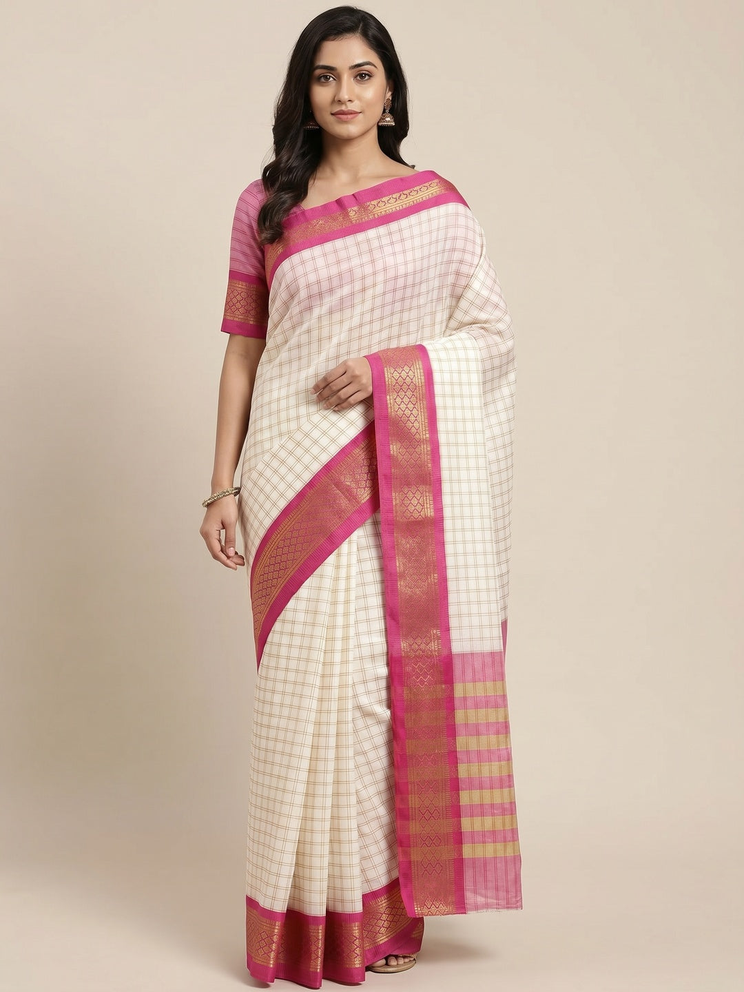 White & Rani Pink Checks With Woven Border Cotton Silk Saree - Image 3