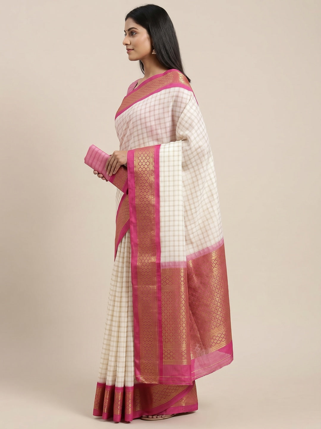 White & Rani Pink Checks With Woven Border Cotton Silk Saree - Image 2