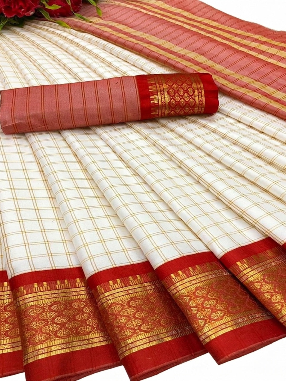 White And Red Checks With Woven Border Cotton Silk Saree - Image 4