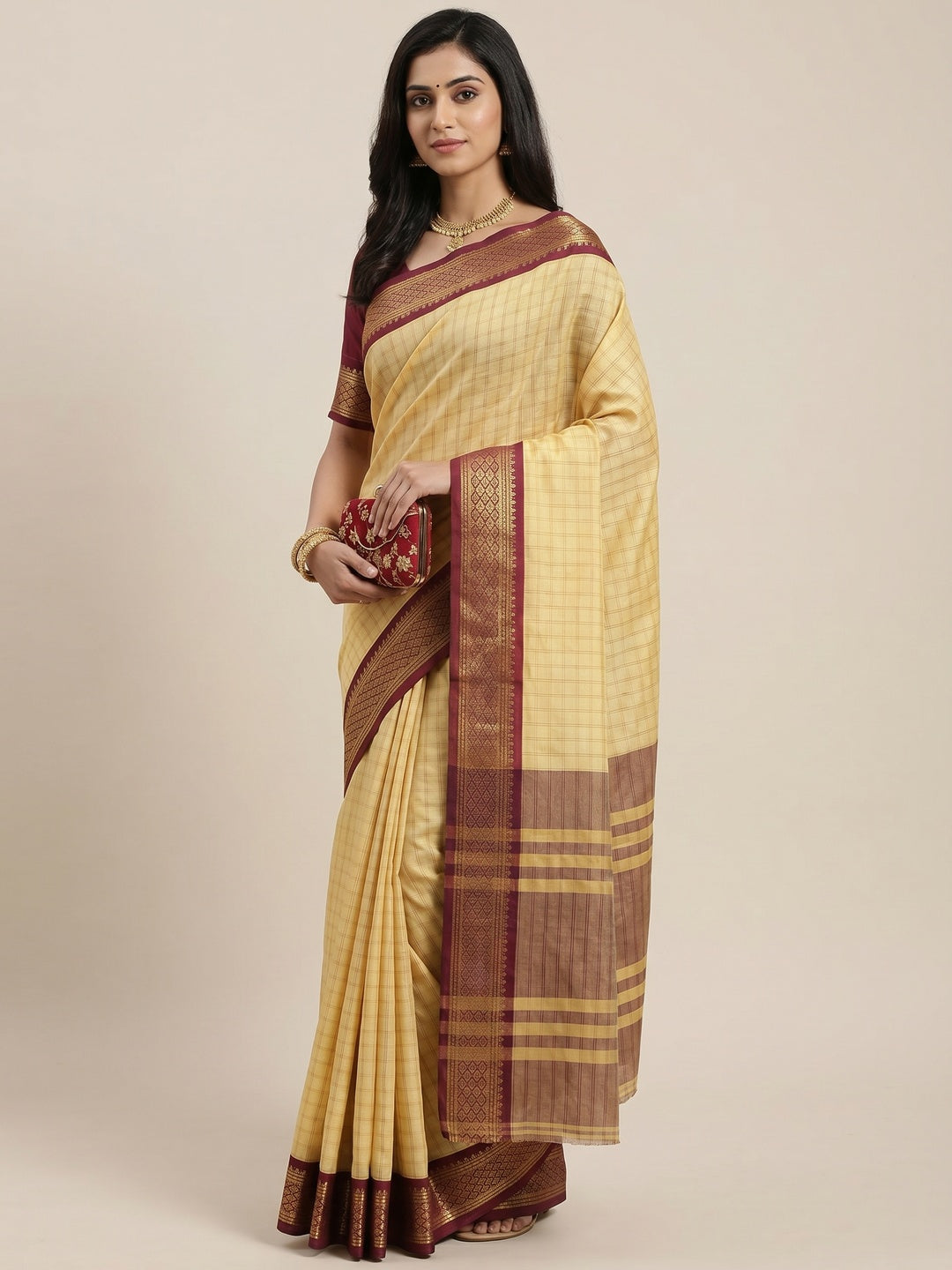 Chikoo Festive Wear Checks With Woven Border Cotton Silk Saree - Image 1