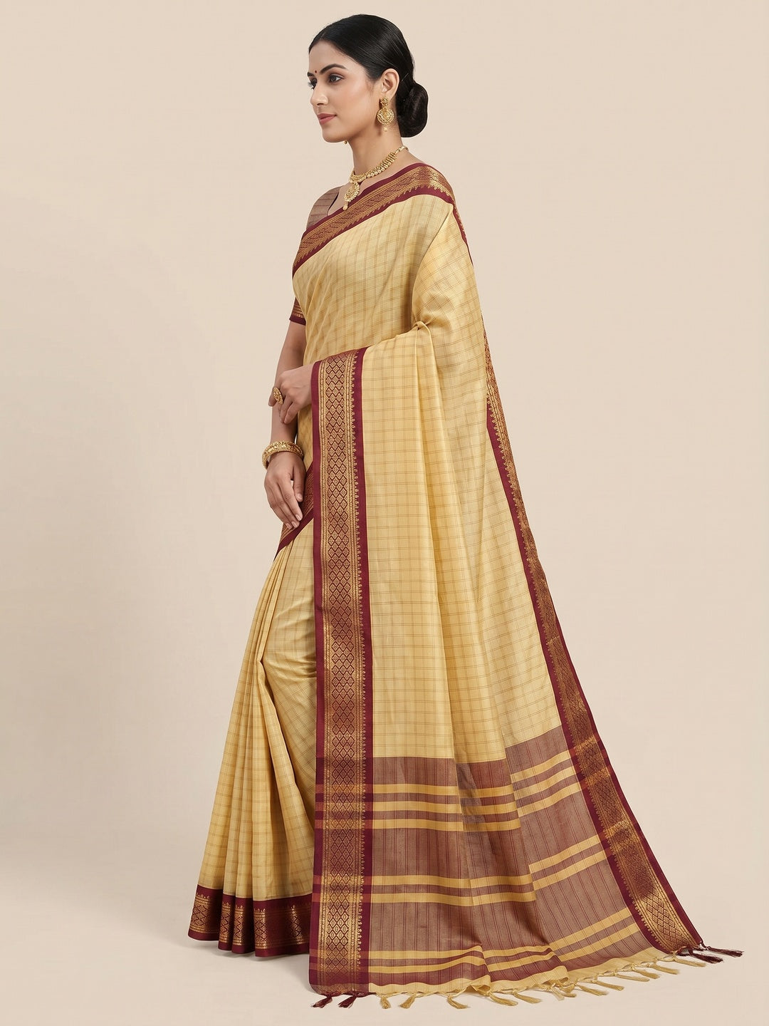 Chikoo Festive Wear Checks With Woven Border Cotton Silk Saree - Image 3
