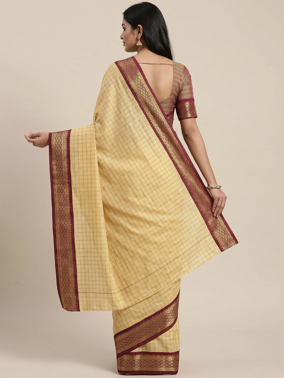 Chikoo Festive Wear Checks With Woven Border Cotton Silk Saree - Image 2