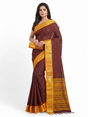 Coffee Festive Wear Checks With Woven Border Cotton Silk Saree - Image 1