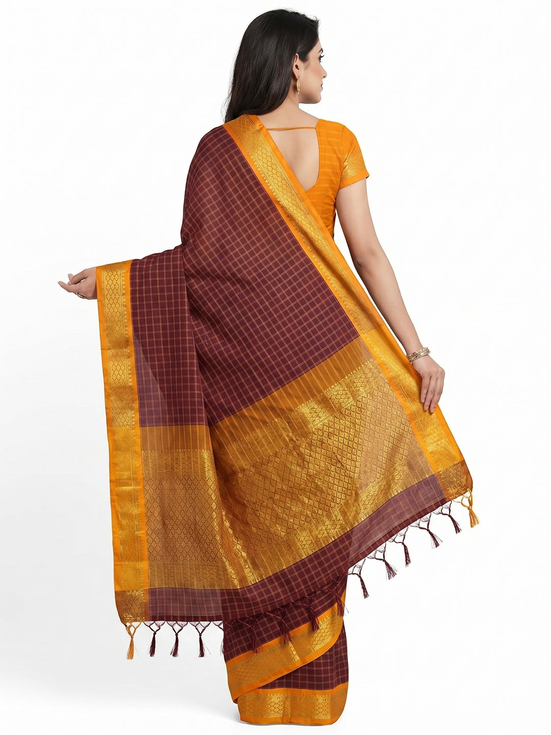 Coffee Festive Wear Checks With Woven Border Cotton Silk Saree - Image 3