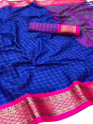 Royal Blue Festive Wear Checks With Woven Border Cotton Silk Saree - Image 1