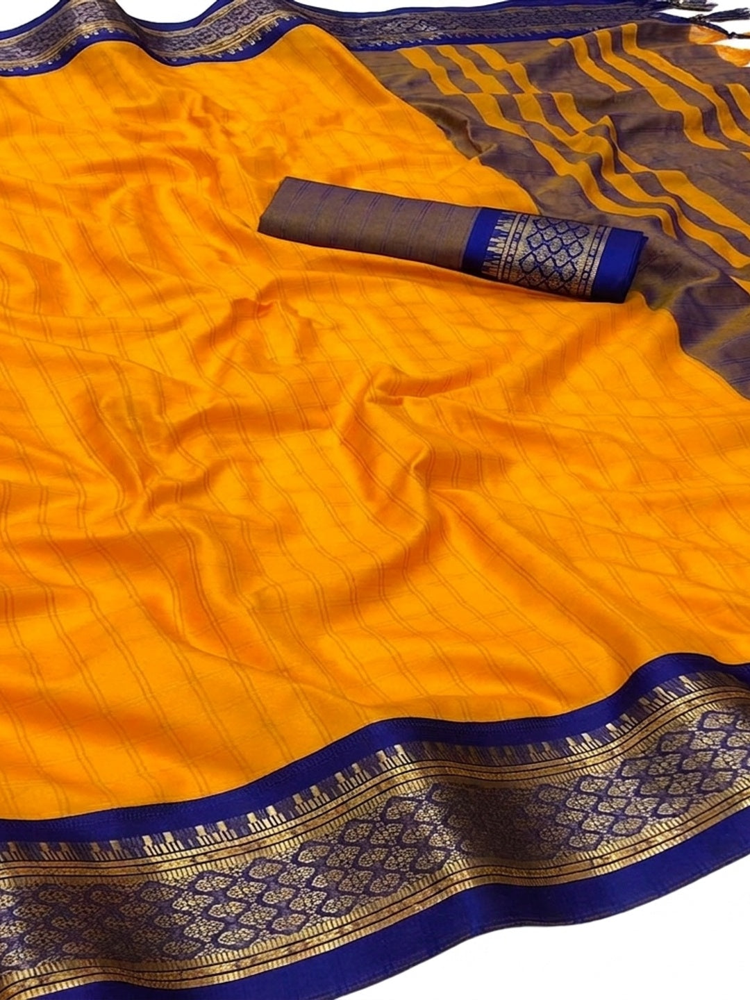 Gold Festive Wear Checks With Woven Border Cotton Silk Saree - Image 1