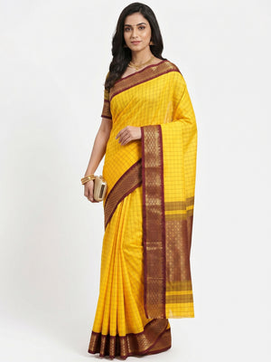 Yellow Festive Wear Checks With Woven Border Cotton Silk Saree - Image 1