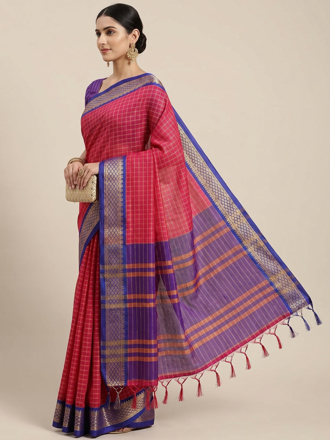 Kumkum Red Festive Wear Checks With Woven Border Cotton Silk Saree - Image 2