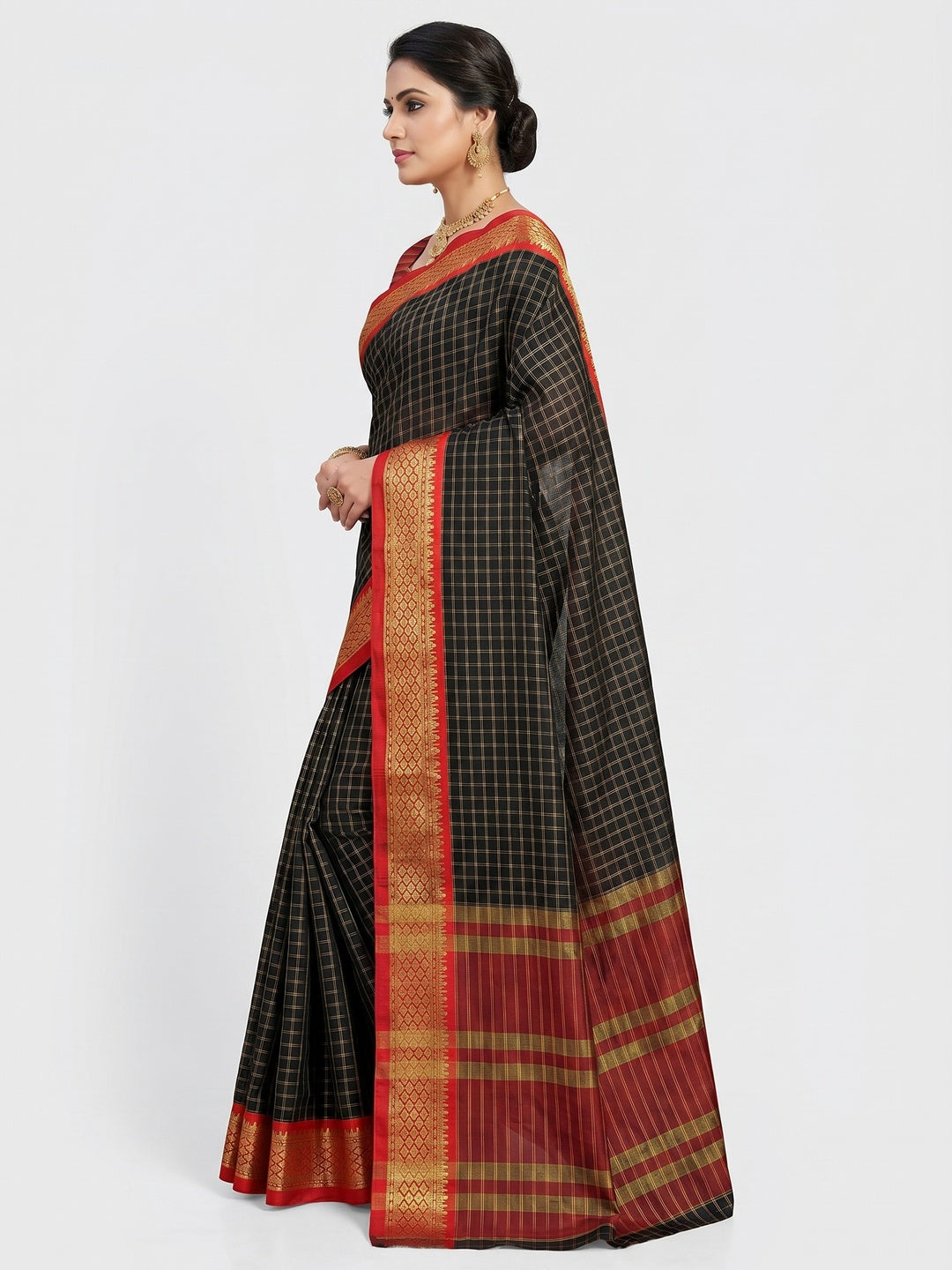 Black Festive Wear Checks With Woven Border Cotton Silk Saree - Image 2